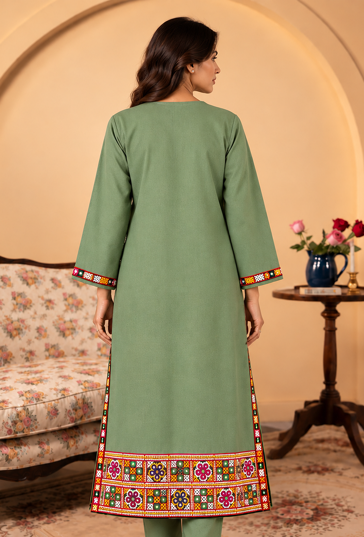 Sage Green Cashmilon Phiran with Kutch Embroidered Lace サイズ フリーサイズ