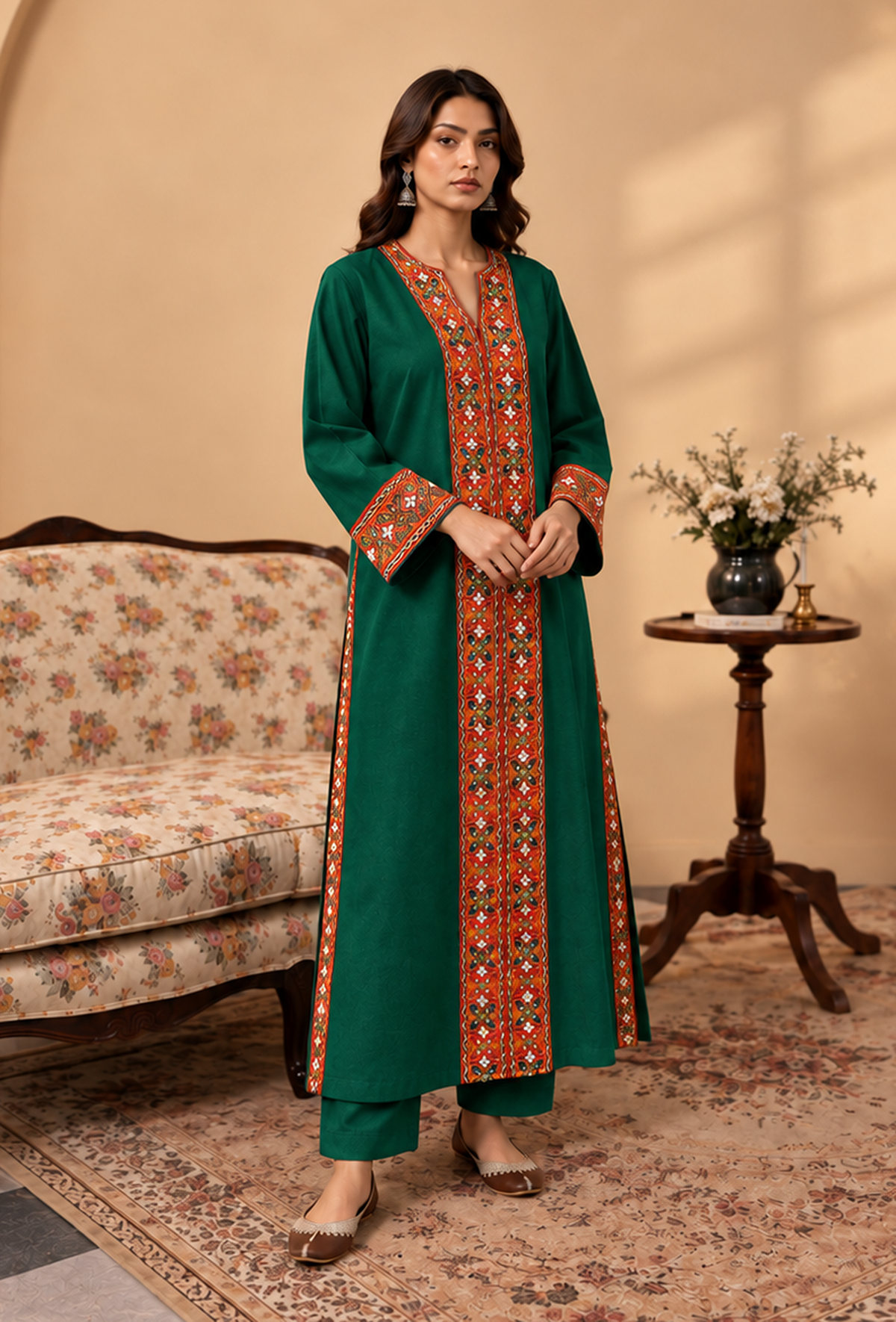 Set of 2: Emerald Green Cashmilon Phiran & Pant Set with Kutch Embroidered Lace パンツ XXXL