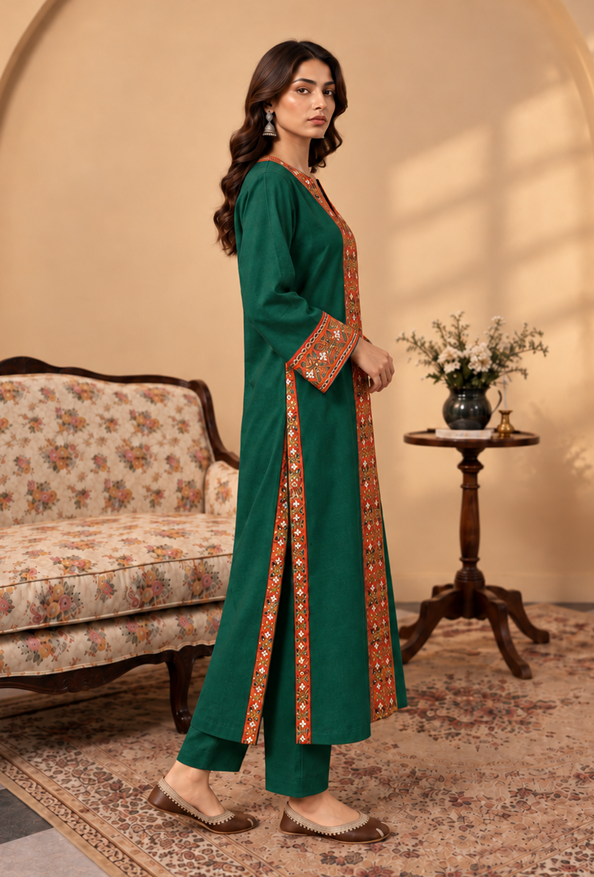 Set of 2: Emerald Green Cashmilon Phiran & Pant Set with Kutch Embroidered Lace パンツ S
