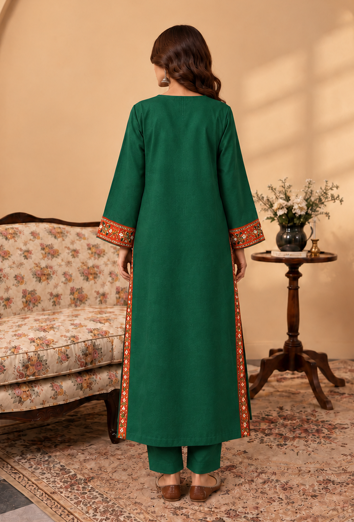 Set of 2: Emerald Green Cashmilon Phiran & Pant Set with Kutch Embroidered Lace パンツ XXL