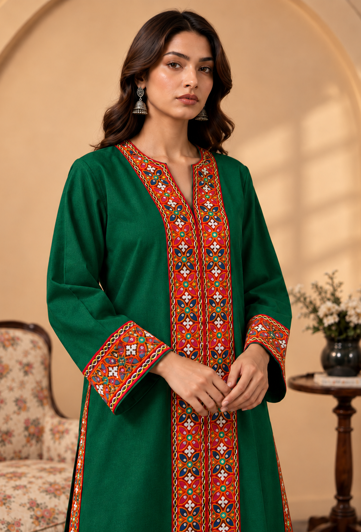 Set of 2: Emerald Green Cashmilon Phiran & Pant Set with Kutch Embroidered Lace パンツ S
