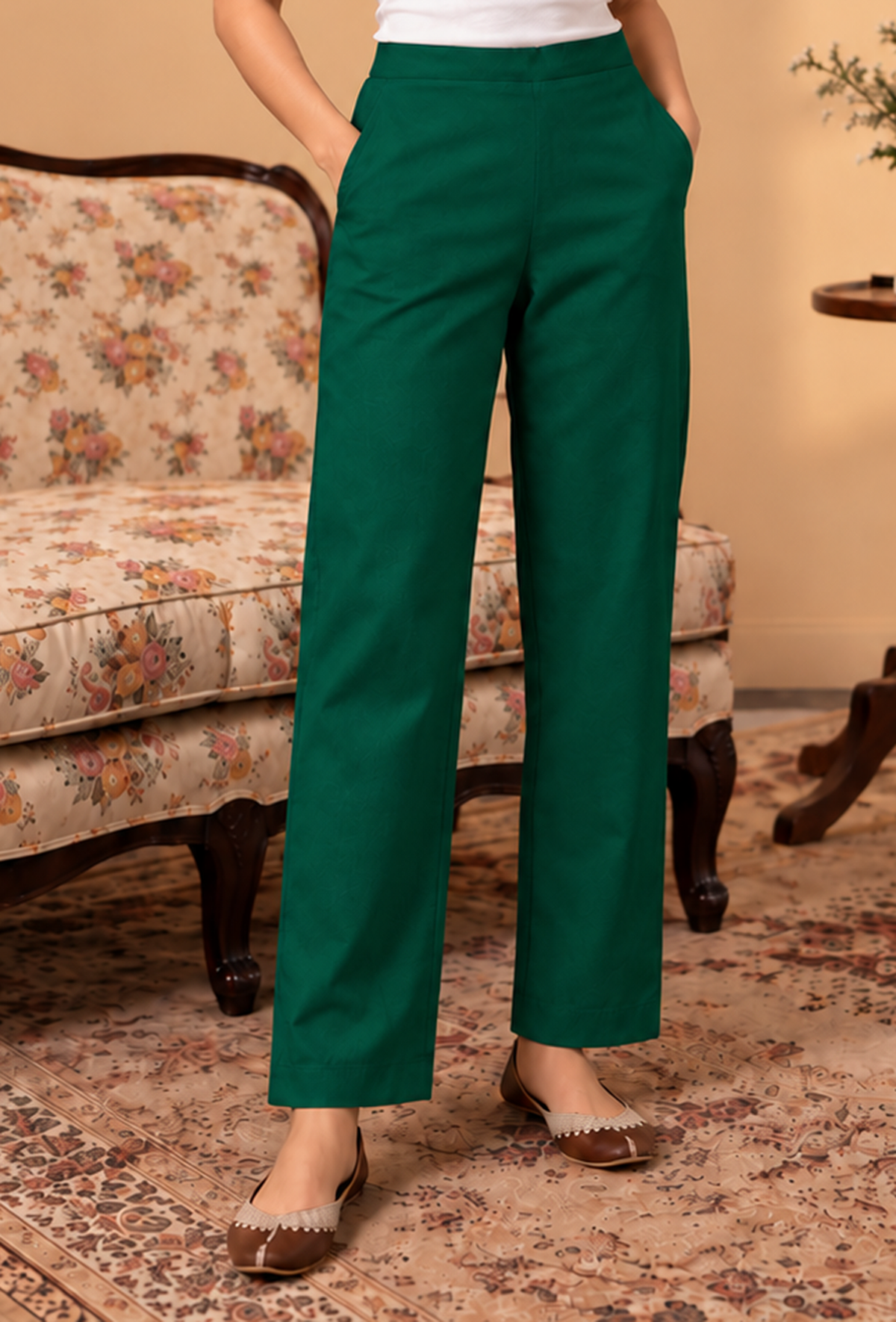 Set of 2: Emerald Green Cashmilon Phiran & Pant Set with Kutch Embroidered Lace パンツ L
