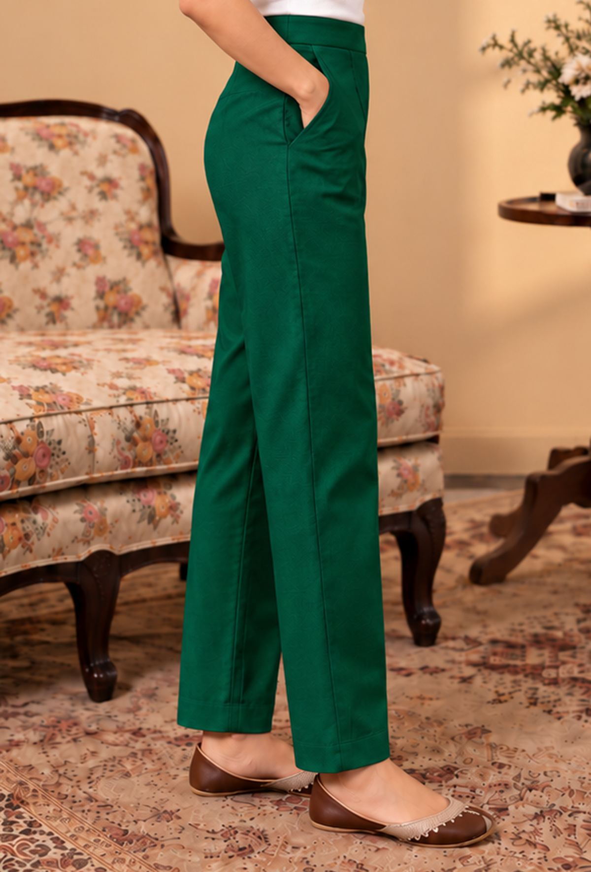 Set of 2: Emerald Green Cashmilon Phiran & Pant Set with Kutch Embroidered Lace パンツ XXXL