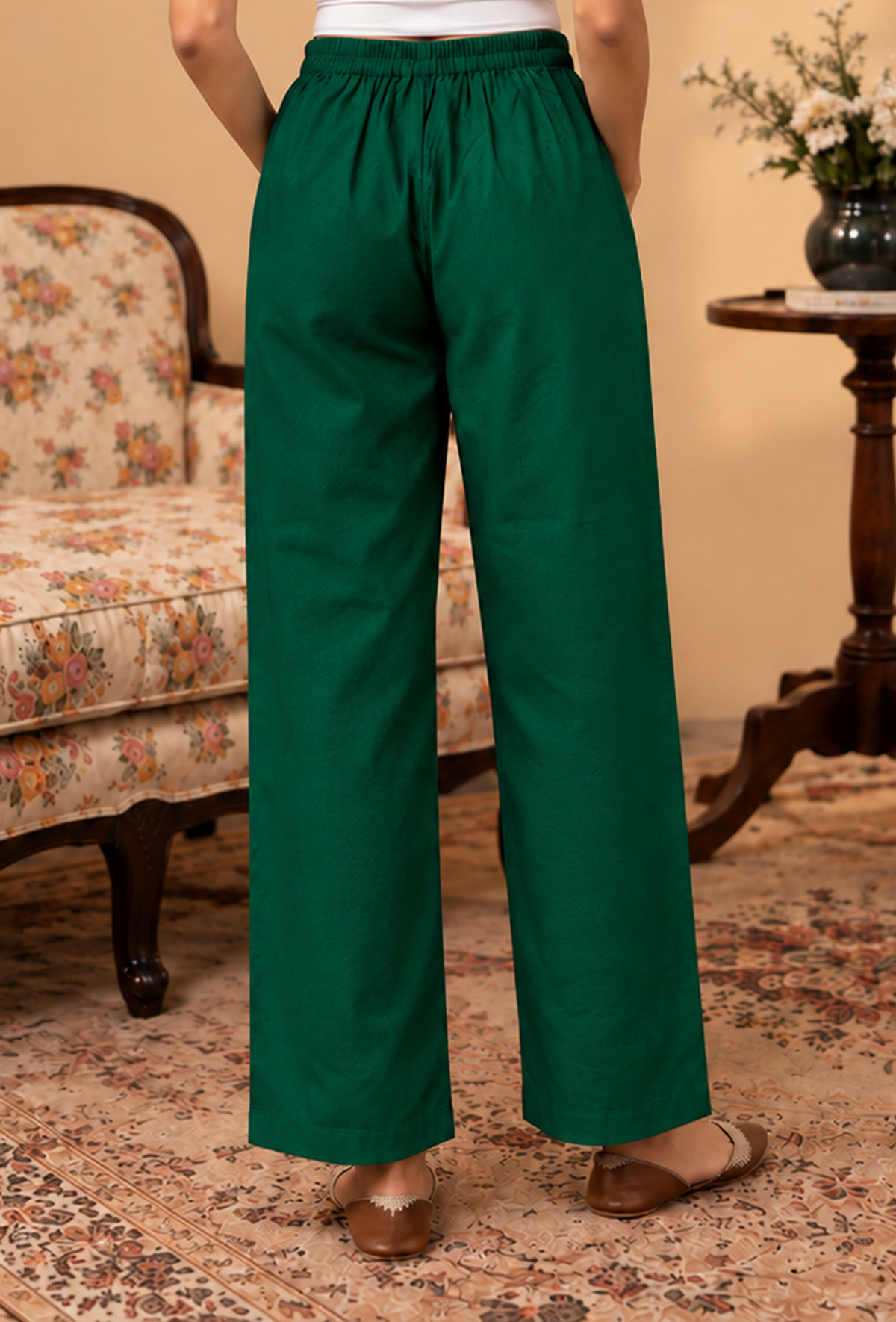 Set of 2: Emerald Green Cashmilon Phiran & Pant Set with Kutch Embroidered Lace パンツ XXXL