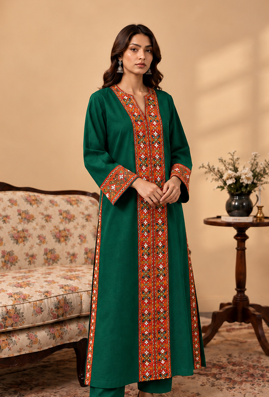 Emerald Green Cashmilon Phiran with Kutch Embroidered Lace サイズ フリーサイズ