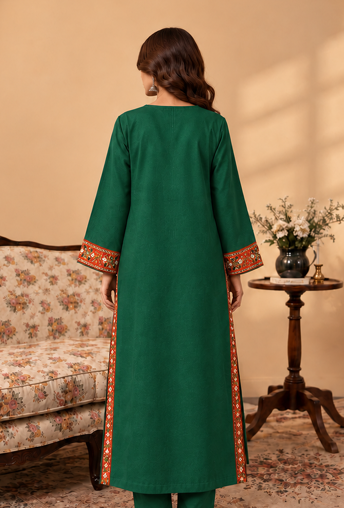 Emerald Green Cashmilon Phiran with Kutch Embroidered Lace サイズ フリーサイズ