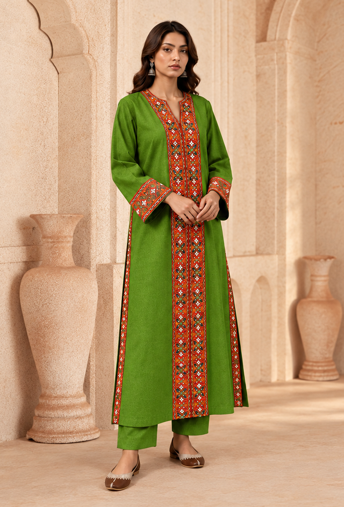 Set of 2: Lime Green Cashmilon Phiran & Pant Set with Kutch Embroidered Lace パンツ XXXL
