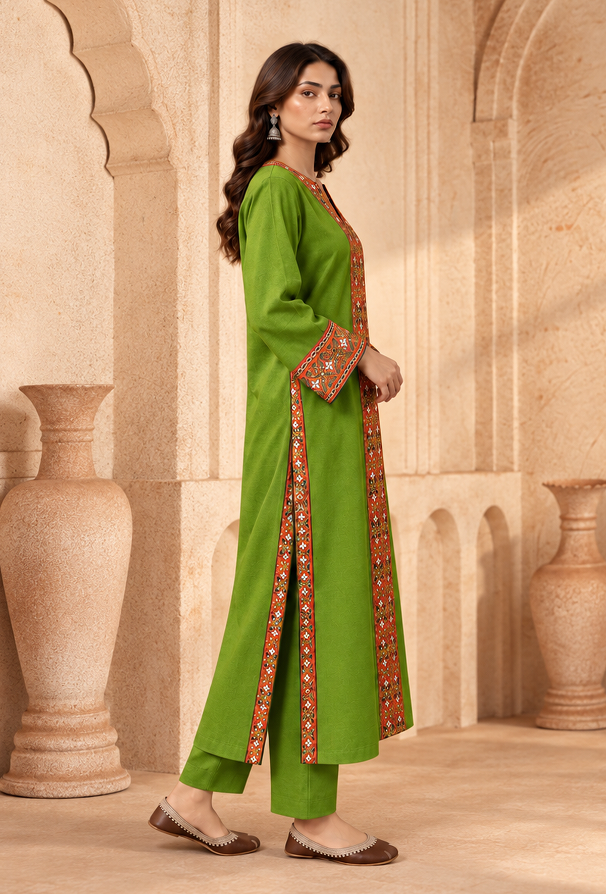 Set of 2: Lime Green Cashmilon Phiran & Pant Set with Kutch Embroidered Lace パンツ M