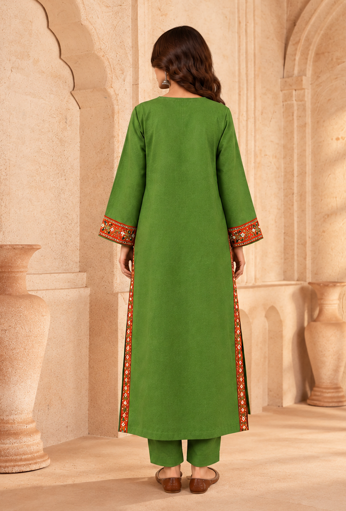 Set of 2: Lime Green Cashmilon Phiran & Pant Set with Kutch Embroidered Lace パンツ M
