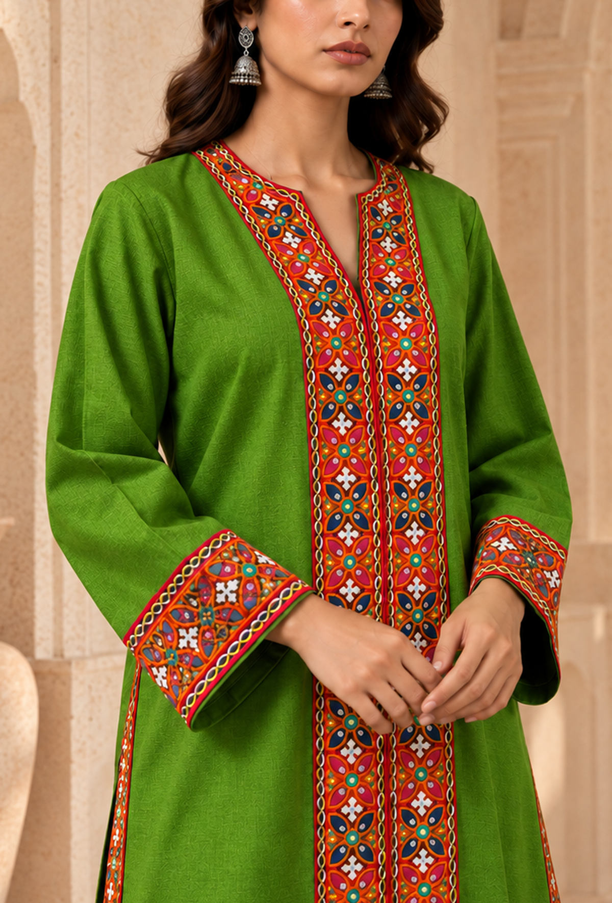 Set of 2: Lime Green Cashmilon Phiran & Pant Set with Kutch Embroidered Lace パンツ XXL