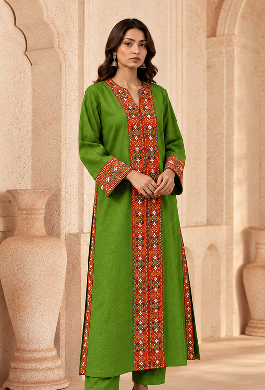Lime Green Cashmilon Phiran with Kutch Embroidered Lace サイズ フリーサイズ
