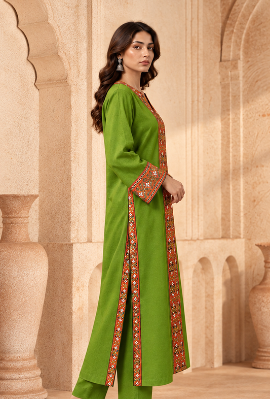 Lime Green Cashmilon Phiran with Kutch Embroidered Lace サイズ フリーサイズ