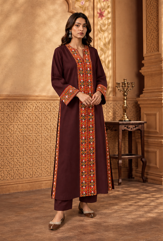 Set of 2: Wine Maroon Cashmilon Phiran & Pant Set with Kutch Embroidered Lace パンツ M