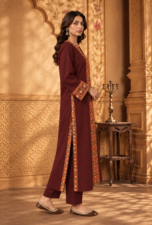 Set of 2: Wine Maroon Cashmilon Phiran & Pant Set with Kutch Embroidered Lace パンツ M