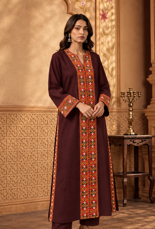 Wine Maroon Cashmilon Phiran with Kutch Embroidered Lace サイズ フリーサイズ