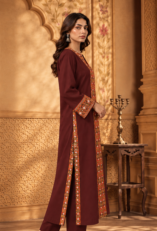 Wine Maroon Cashmilon Phiran with Kutch Embroidered Lace サイズ フリーサイズ