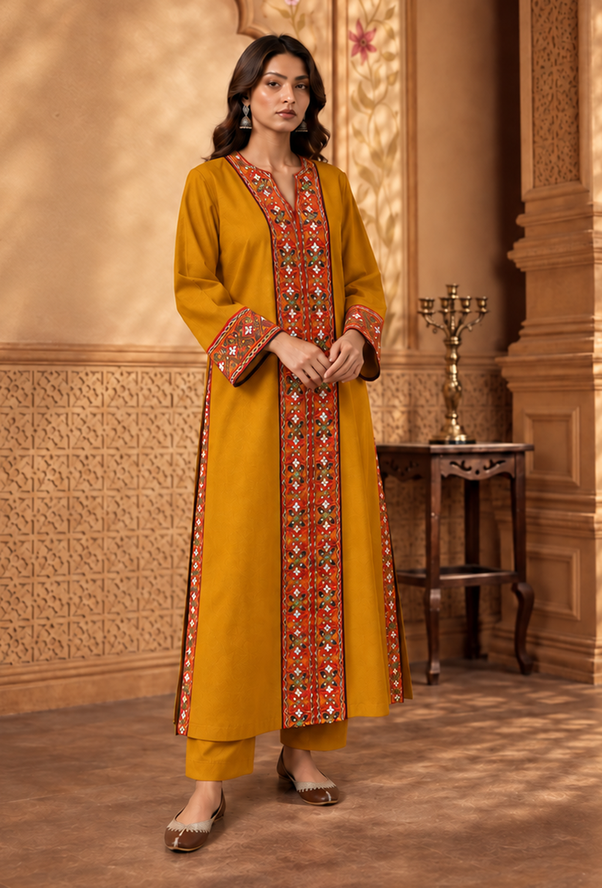 Set of 2: Mustard Yellow Cashmilon Phiran & Pant Set with Kutch Embroidered Lace パンツ XS