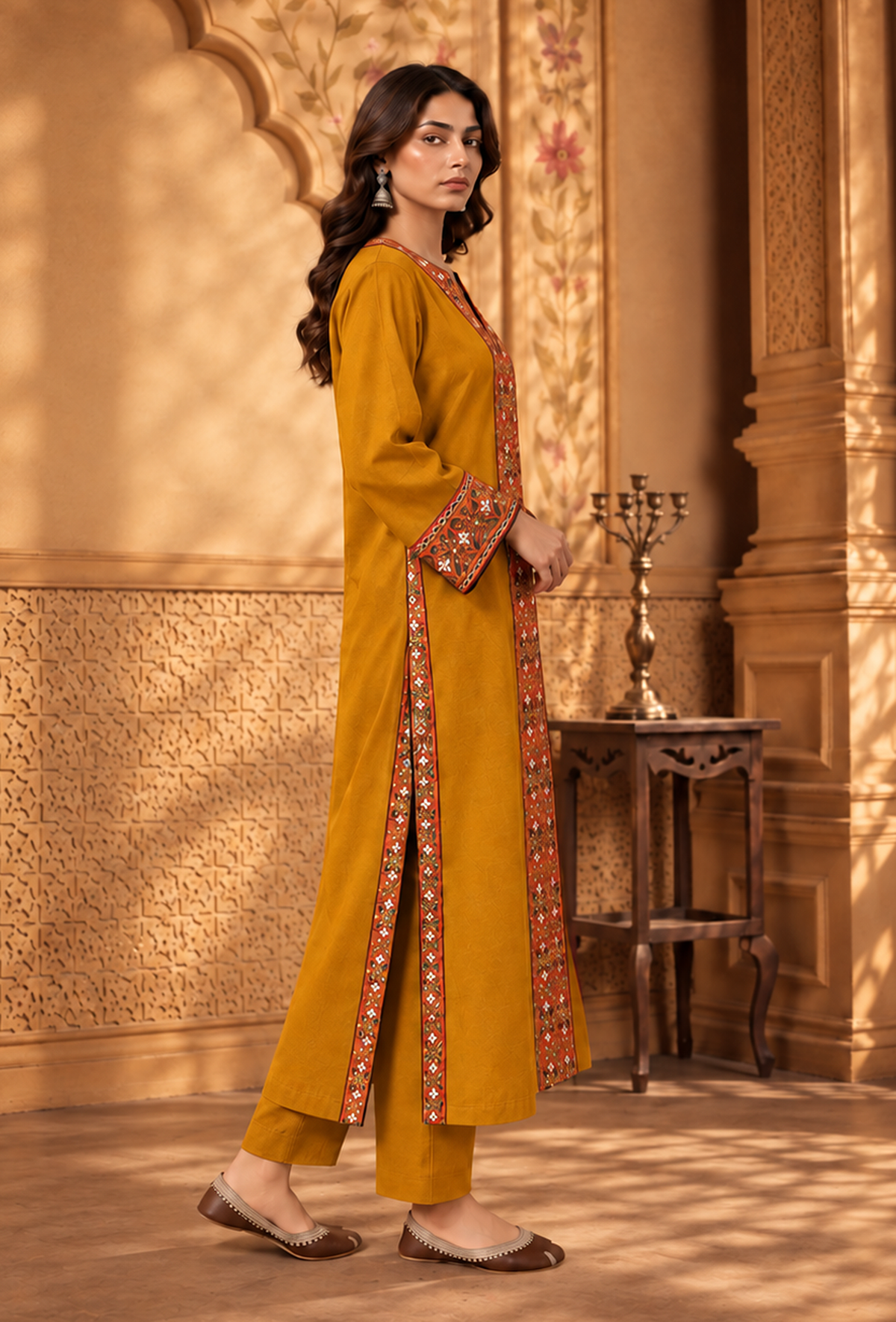Set of 2: Mustard Yellow Cashmilon Phiran & Pant Set with Kutch Embroidered Lace パンツ XXL