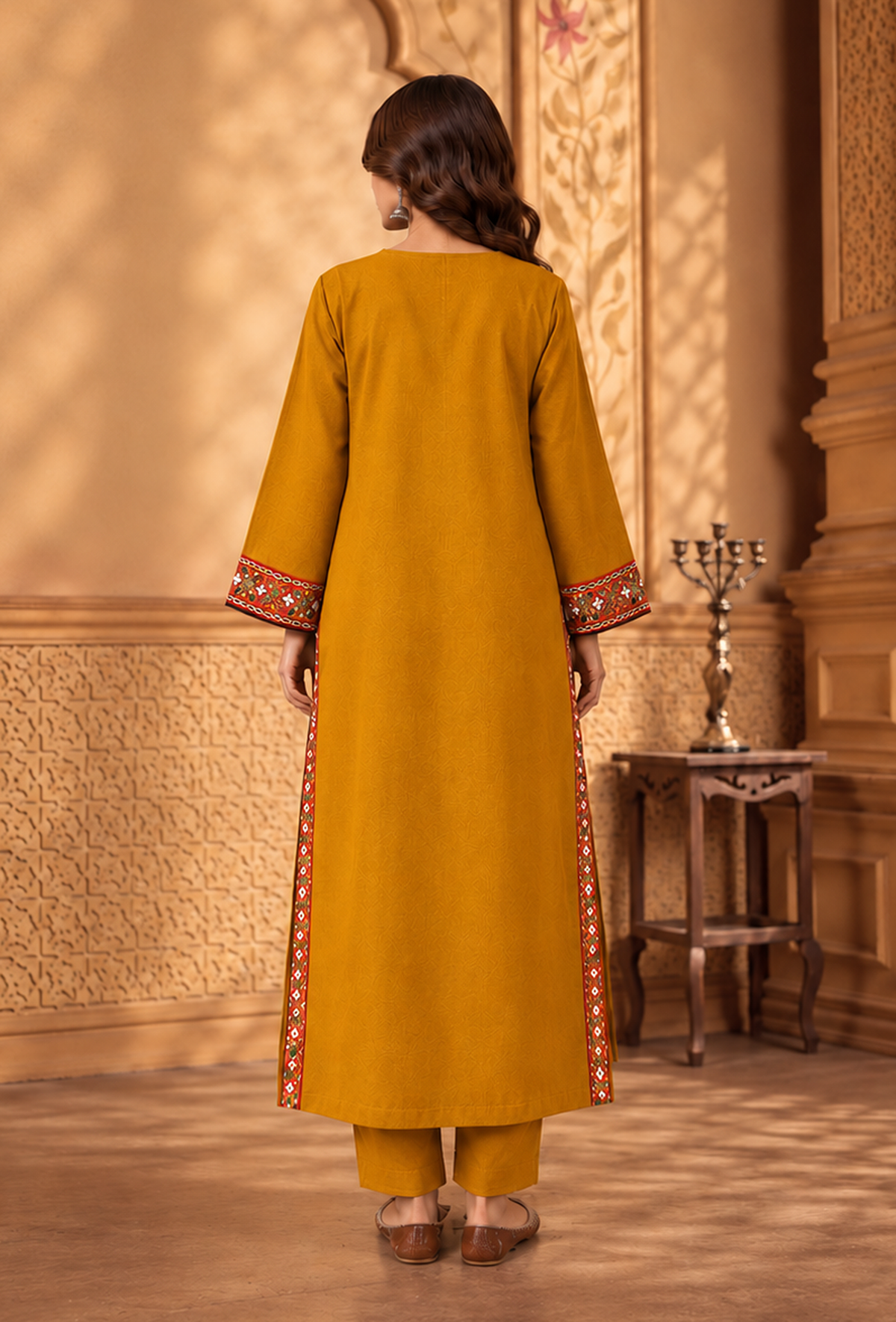 Set of 2: Mustard Yellow Cashmilon Phiran & Pant Set with Kutch Embroidered Lace パンツ M