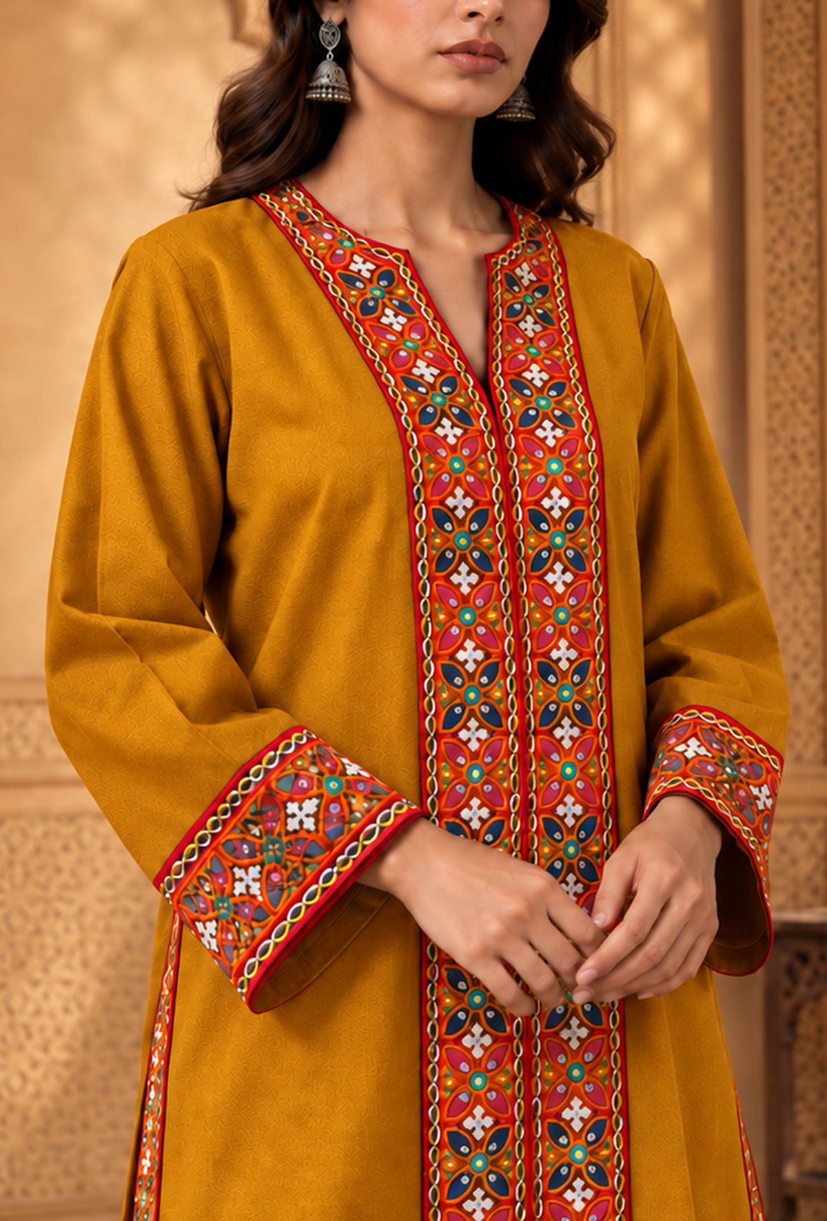 Set of 2: Mustard Yellow Cashmilon Phiran & Pant Set with Kutch Embroidered Lace パンツ XS