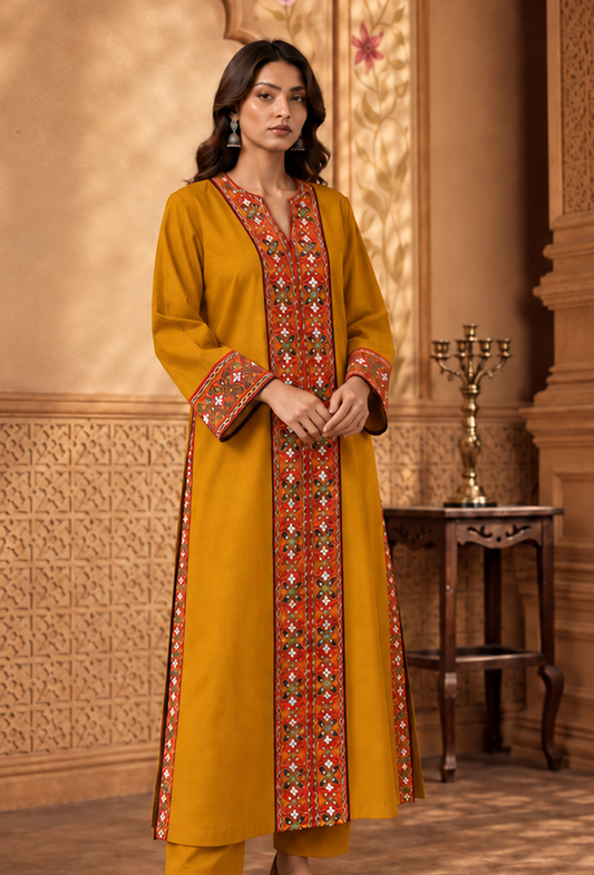 Mustard Yellow Cashmilon Phiran with Kutch Embroidered Lace サイズ フリーサイズ
