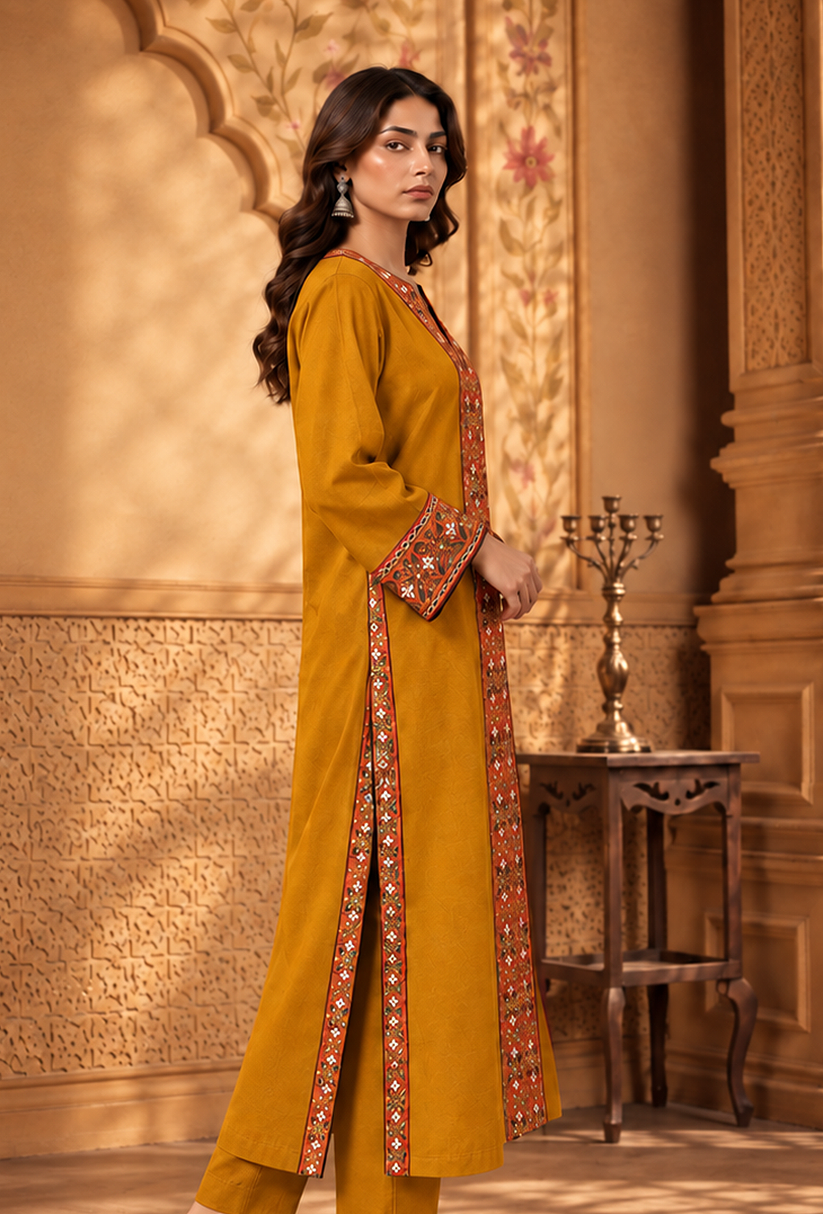 Mustard Yellow Cashmilon Phiran with Kutch Embroidered Lace サイズ フリーサイズ