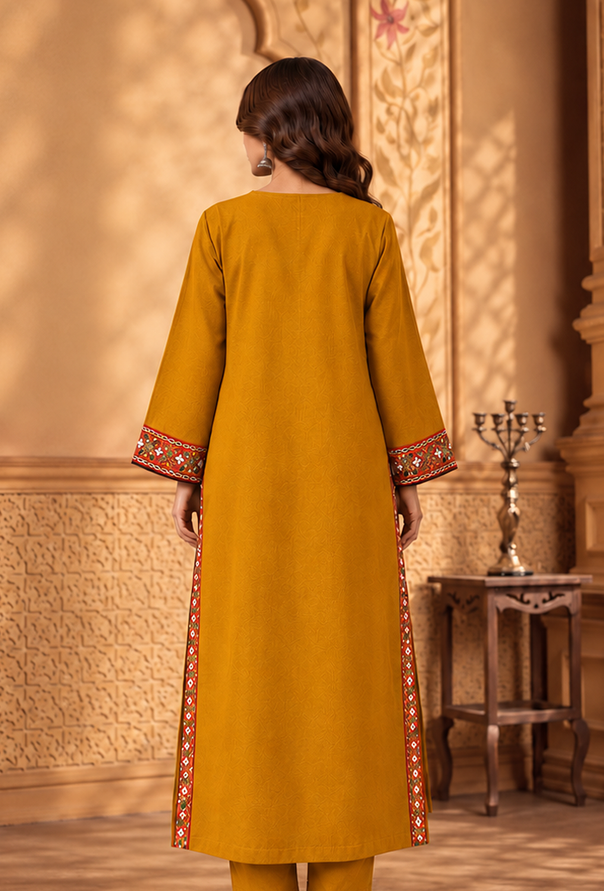 Mustard Yellow Cashmilon Phiran with Kutch Embroidered Lace サイズ フリーサイズ