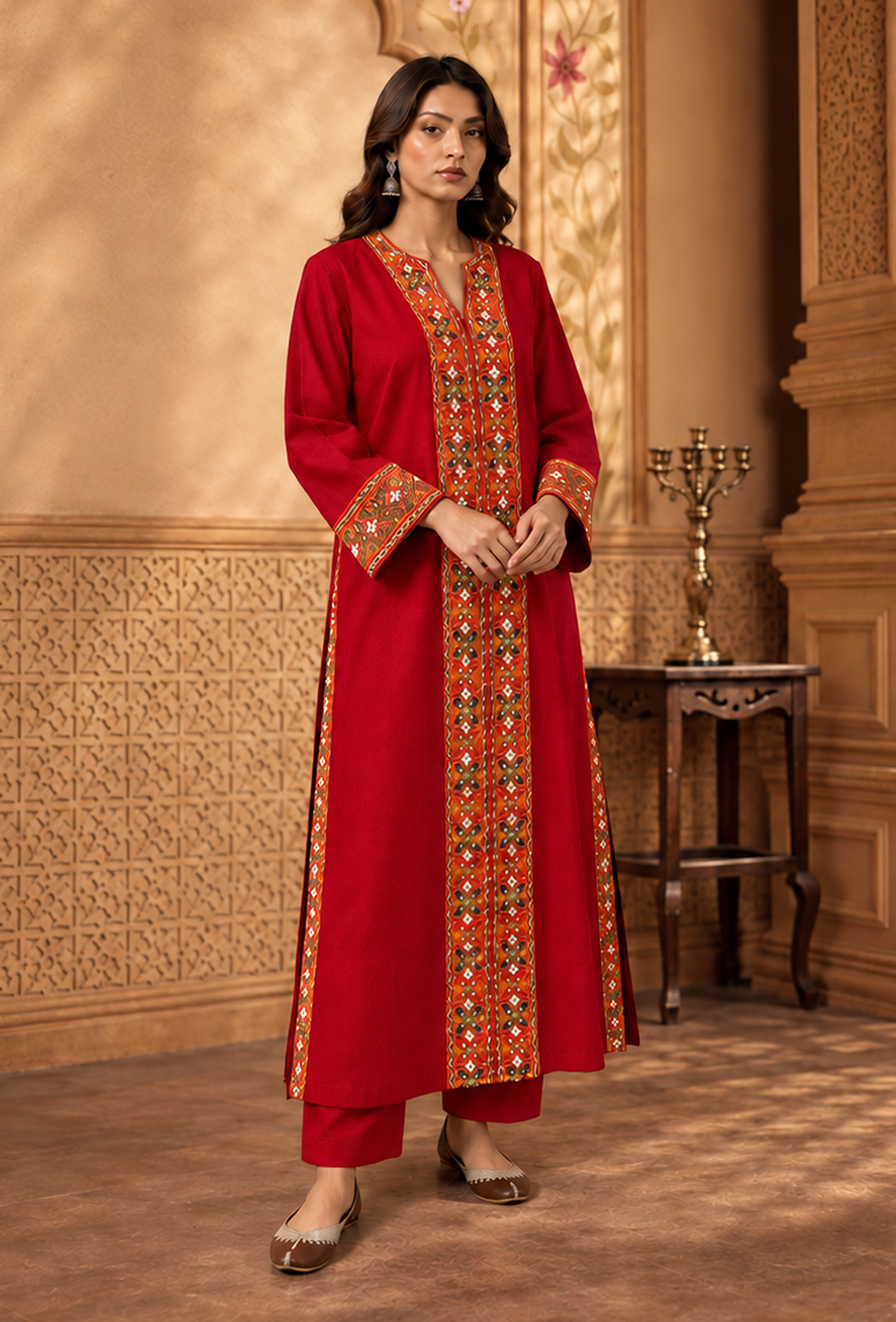 Set of 2: Ruby Red Cashmilon Phiran & Pant Set with Kutch Embroidered Lace パンツ M