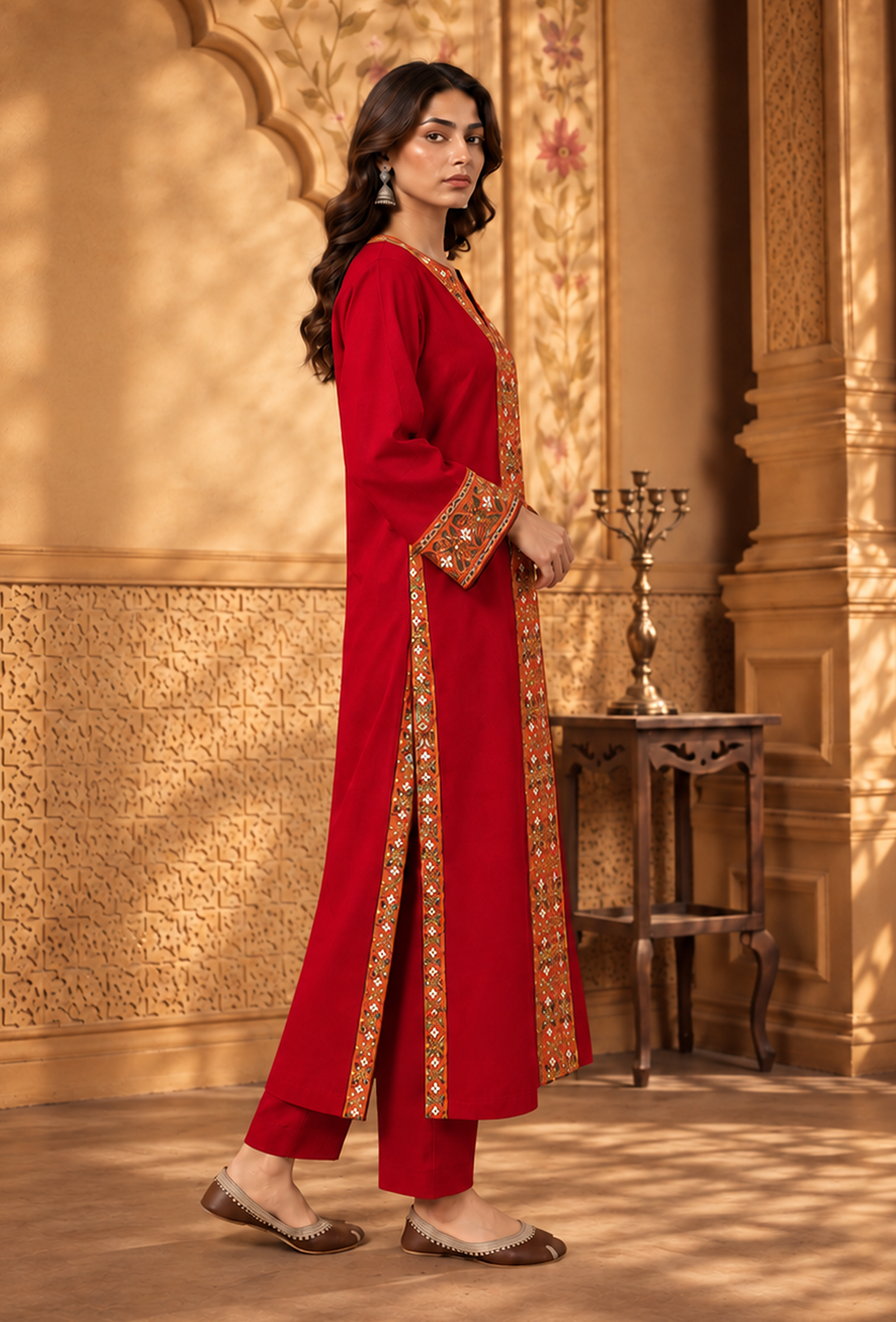 Set of 2: Ruby Red Cashmilon Phiran & Pant Set with Kutch Embroidered Lace パンツ XS