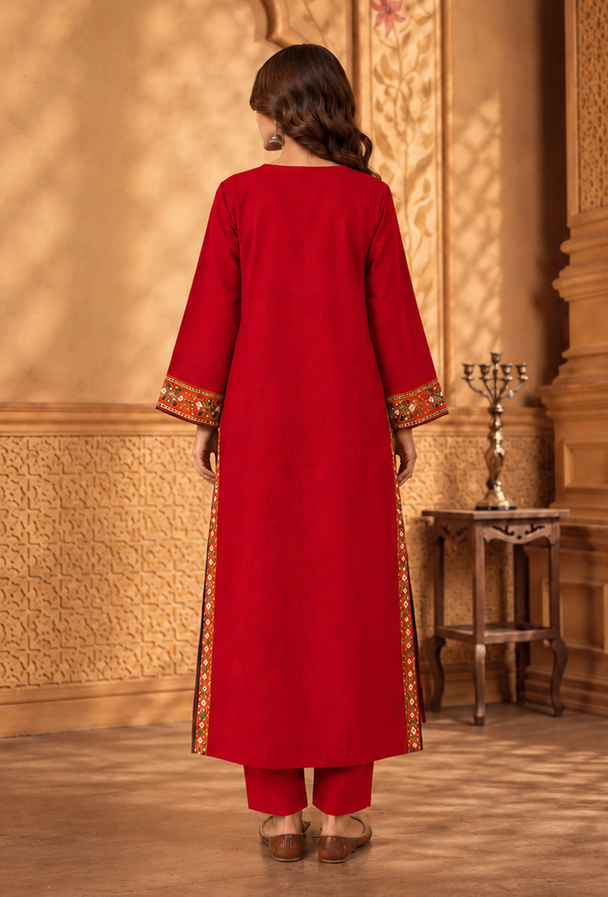 Set of 2: Ruby Red Cashmilon Phiran & Pant Set with Kutch Embroidered Lace パンツ XL