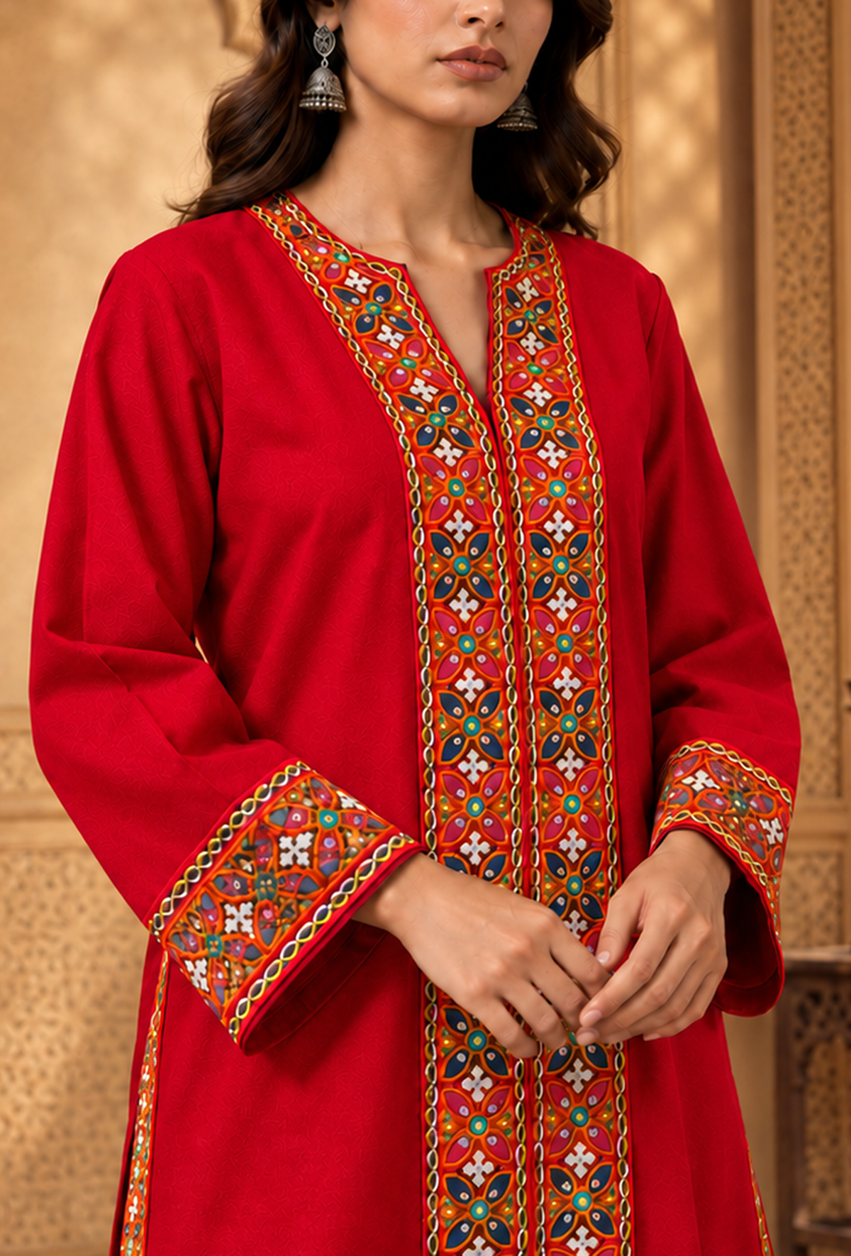 Set of 2: Ruby Red Cashmilon Phiran & Pant Set with Kutch Embroidered Lace パンツ L