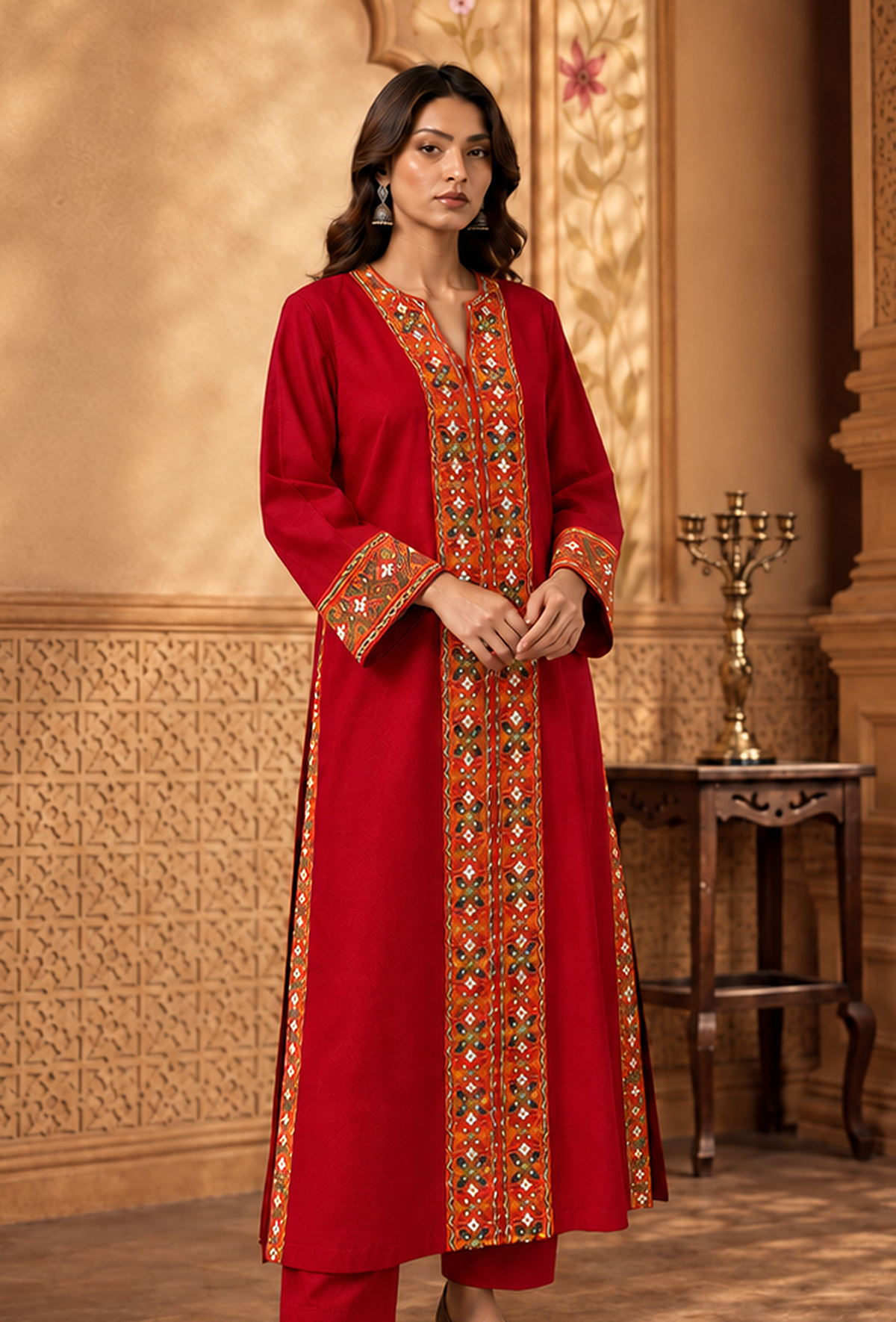 Ruby Red Cashmilon Phiran with Kutch Embroidered Lace サイズ フリーサイズ