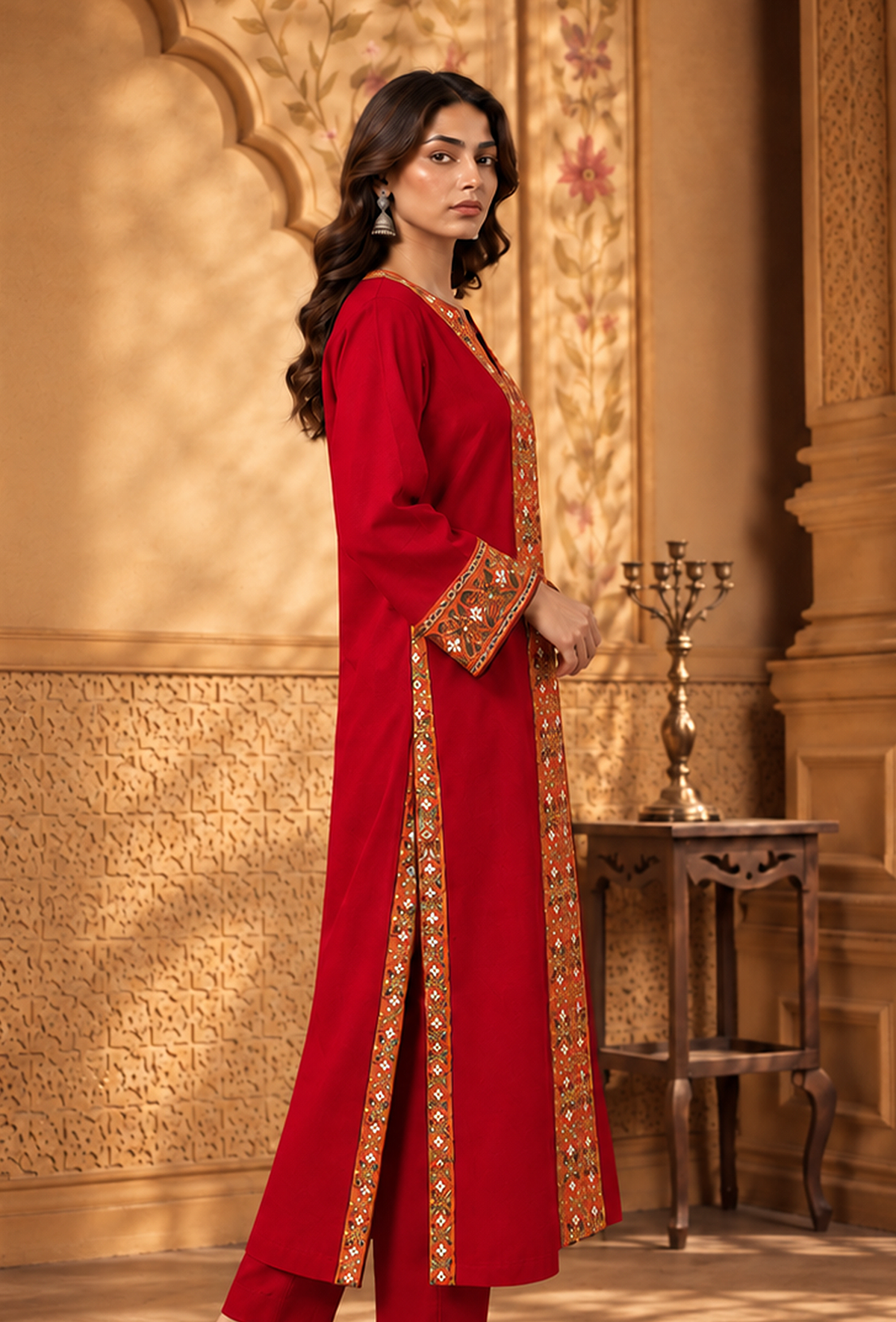 Ruby Red Cashmilon Phiran with Kutch Embroidered Lace サイズ フリーサイズ
