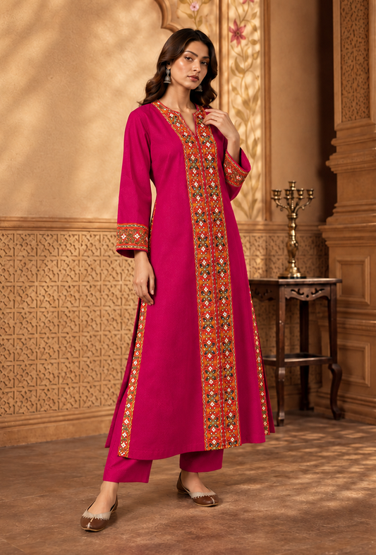 Set of 2: Rani Pink Cashmilon Phiran & Pant Set with Kutch Embroidered Lace パンツ M