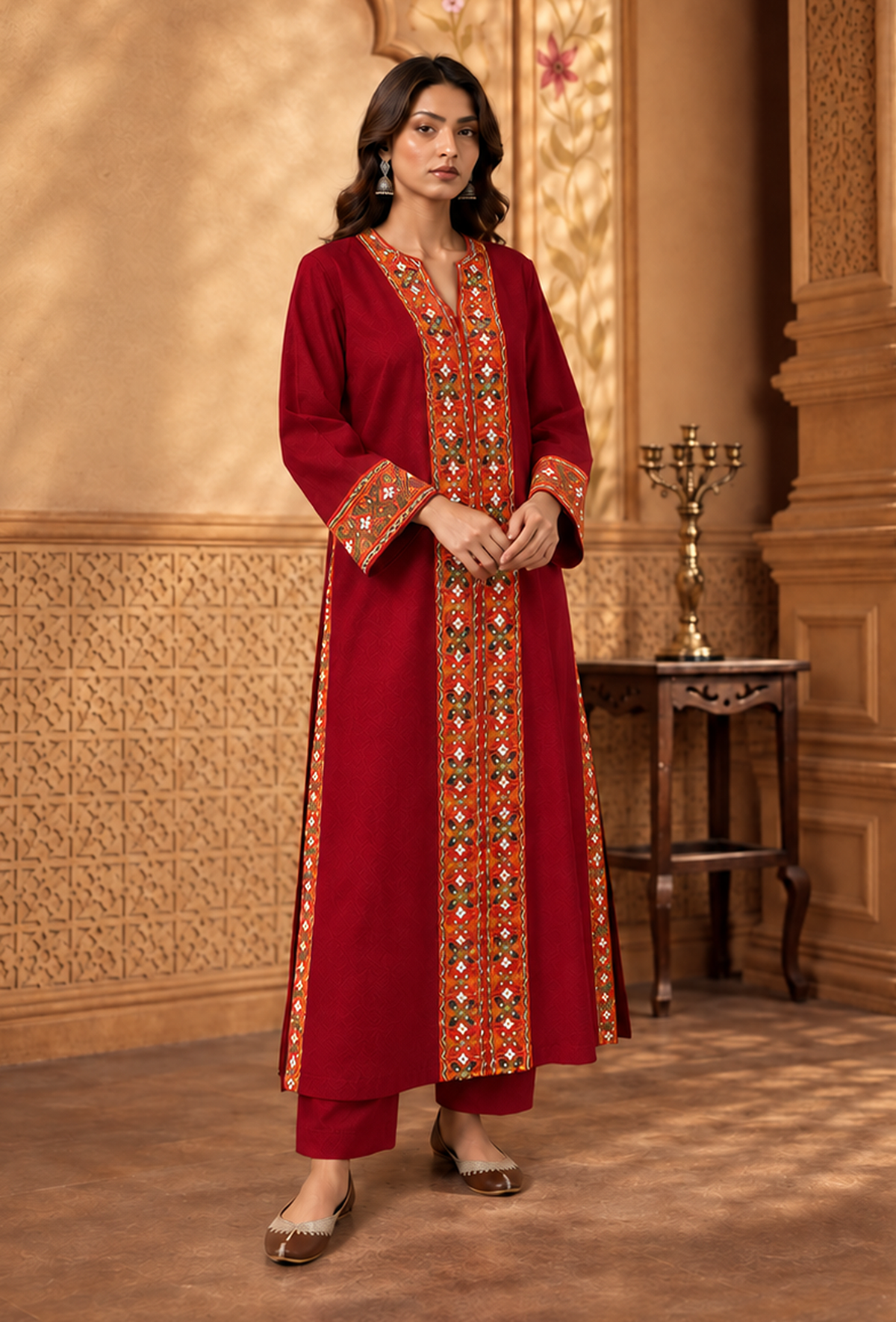 Set of 2: Deep Maroon Cashmilon Phiran & Pant Set with Kutch Embroidered Lace パンツ XS
