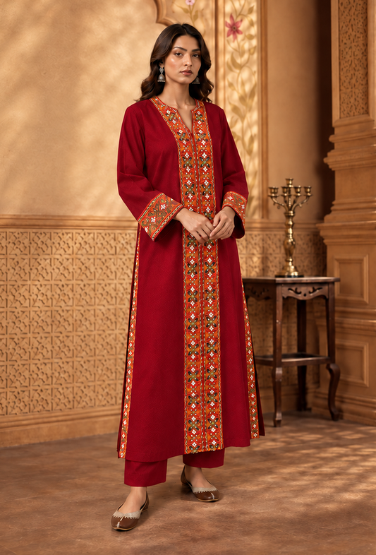Set of 2: Deep Maroon Cashmilon Phiran & Pant Set with Kutch Embroidered Lace パンツ M