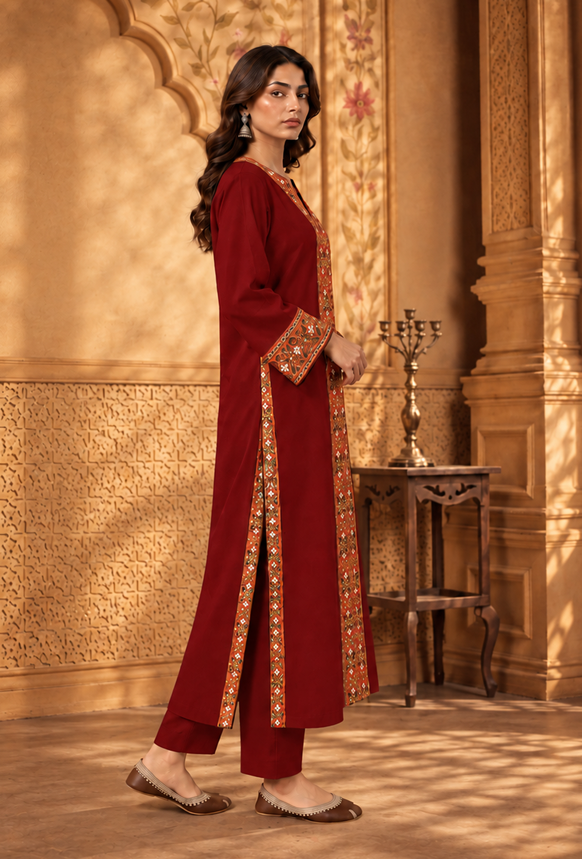 Set of 2: Deep Maroon Cashmilon Phiran & Pant Set with Kutch Embroidered Lace パンツ XXL