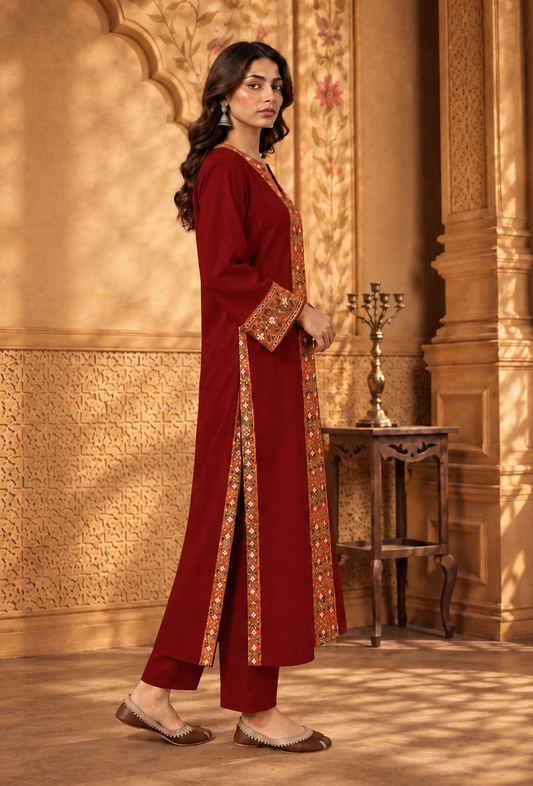 Set of 2: Deep Maroon Cashmilon Phiran & Pant Set with Kutch Embroidered Lace パンツ M