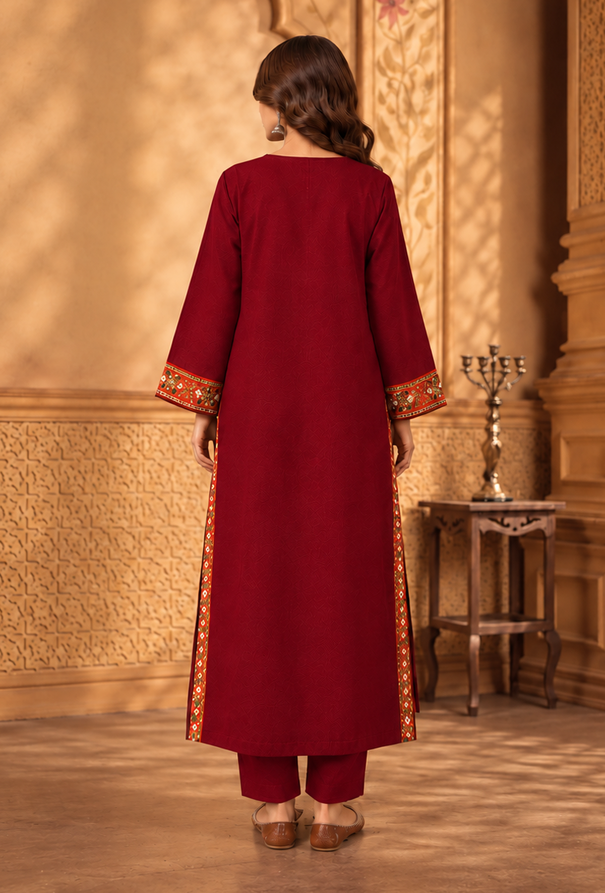 Set of 2: Deep Maroon Cashmilon Phiran & Pant Set with Kutch Embroidered Lace パンツ S