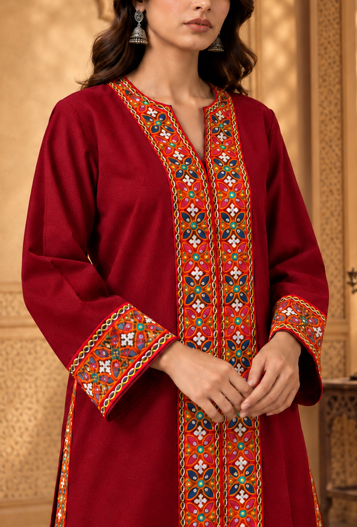 Set of 2: Deep Maroon Cashmilon Phiran & Pant Set with Kutch Embroidered Lace パンツ M