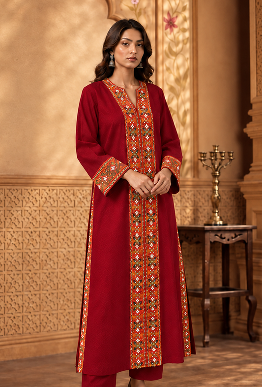 Deep Maroon Cashmilon Phiran with Kutch Embroidered Lace サイズ フリーサイズ