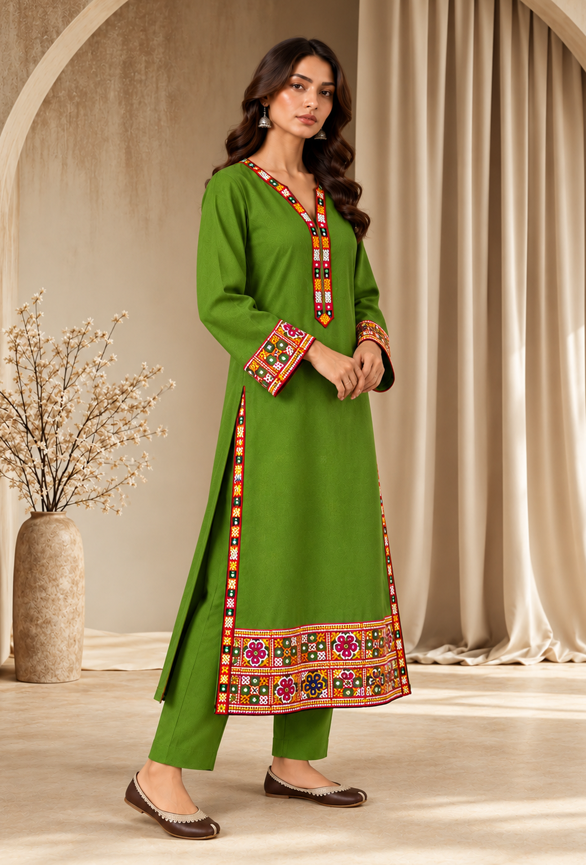 Set of 2: Olive Green Cashmilon Phiran & Pant Set with Kutch Embroidered Lace パンツ XXL