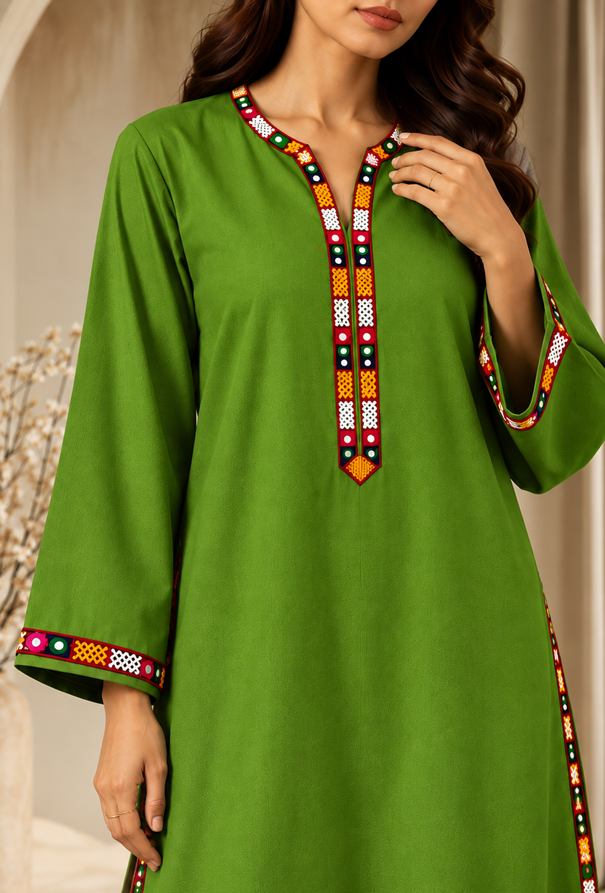 Olive Green Cashmilon Phiran with Kutch Embroidered Lace サイズ フリーサイズ
