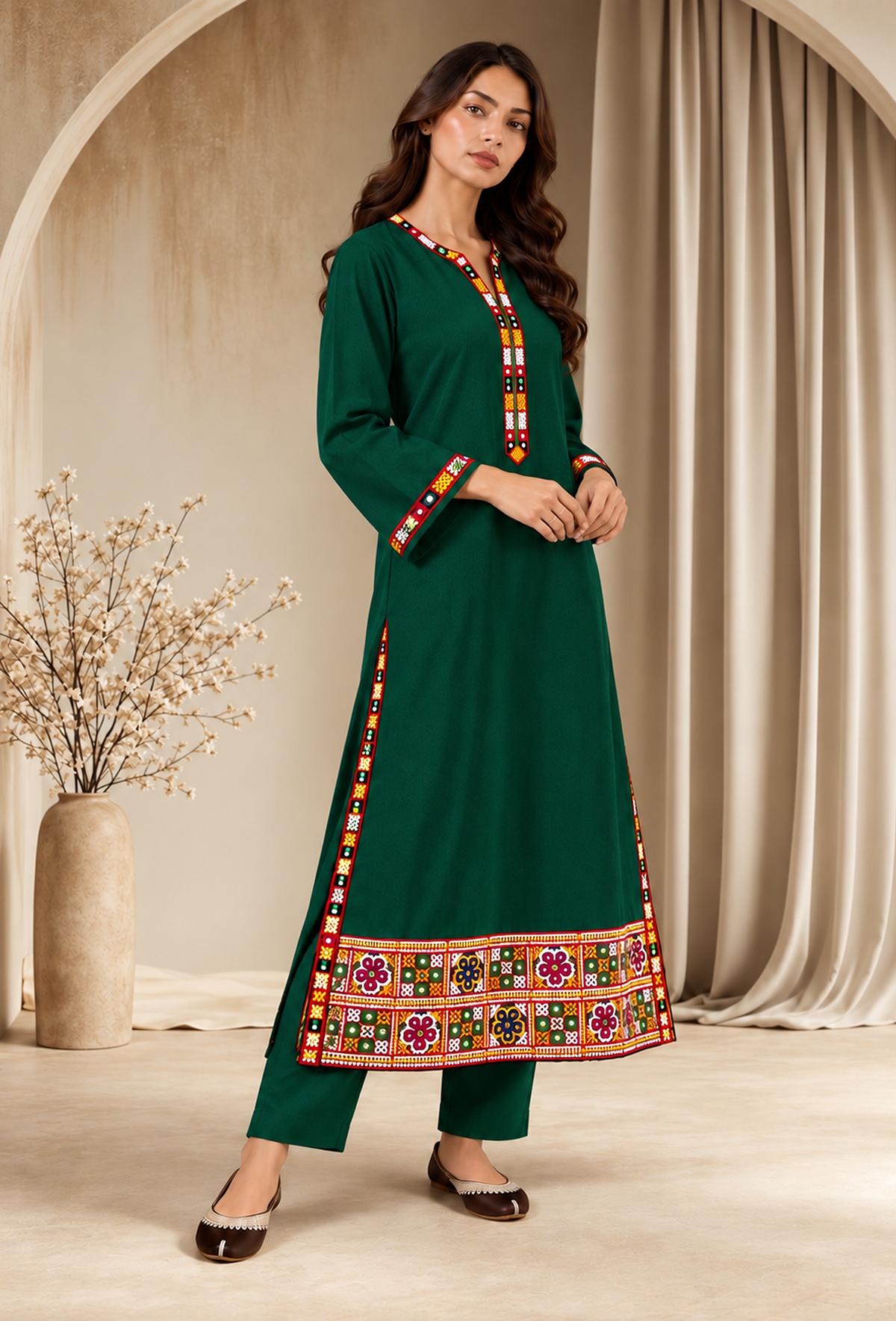 Set of 2: Deep Teal Green Cashmilon Phiran & Pant Set with Kutch Embroidered Lace パンツ XXXL