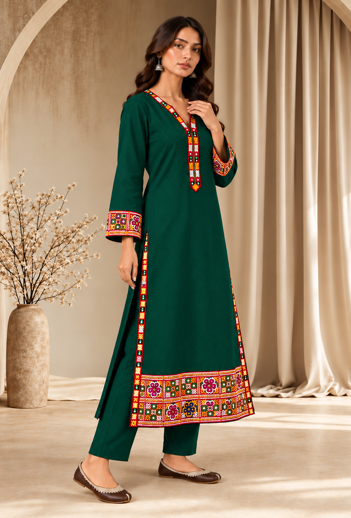 Set of 2: Deep Teal Green Cashmilon Phiran & Pant Set with Kutch Embroidered Lace パンツ L