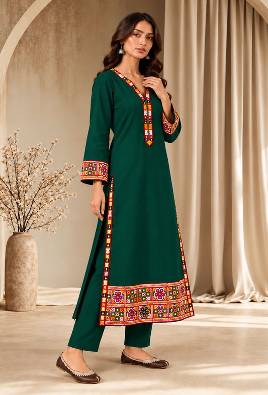 Set of 2: Deep Teal Green Cashmilon Phiran & Pant Set with Kutch Embroidered Lace パンツ M