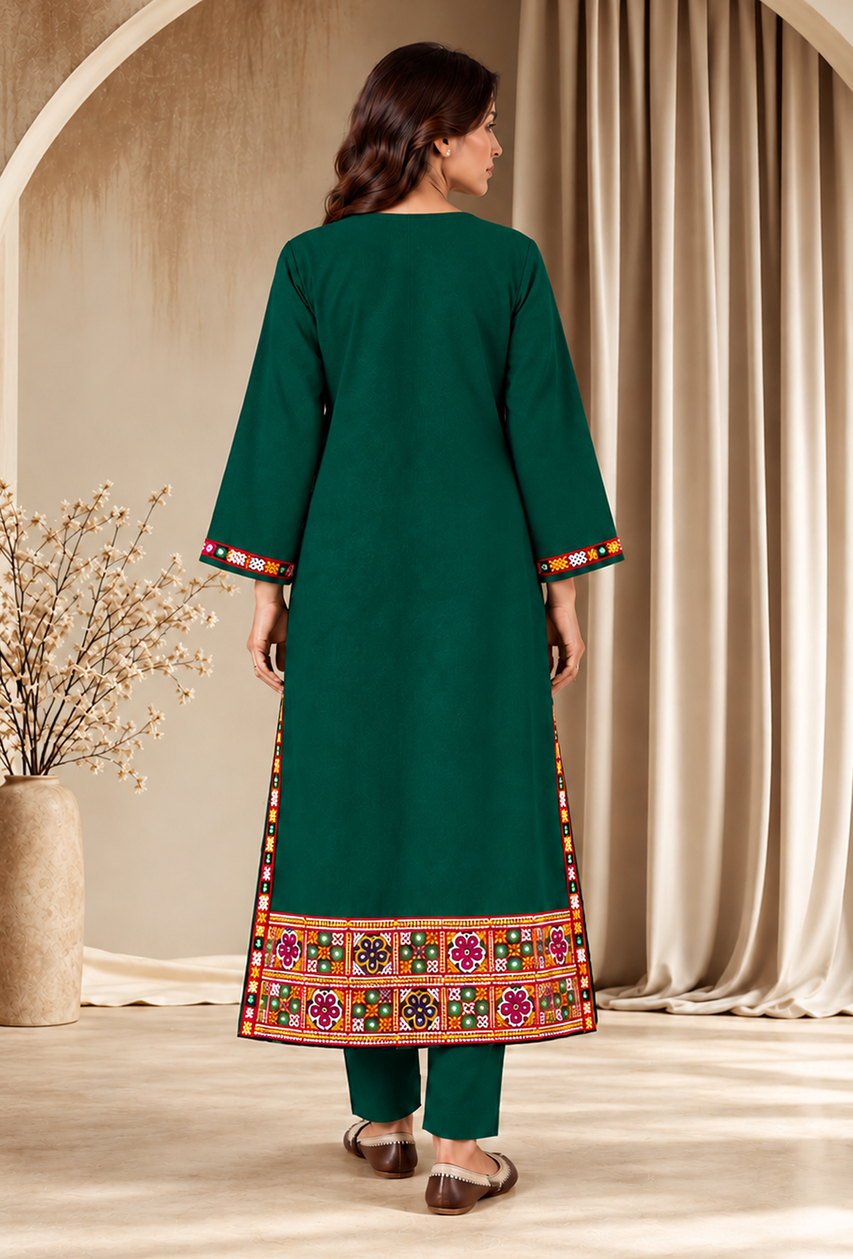 Set of 2: Deep Teal Green Cashmilon Phiran & Pant Set with Kutch Embroidered Lace パンツ M