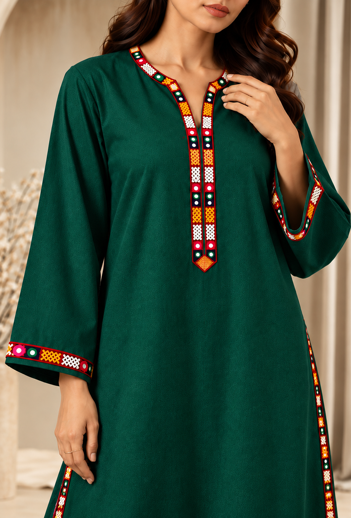 Set of 2: Deep Teal Green Cashmilon Phiran & Pant Set with Kutch Embroidered Lace パンツ M