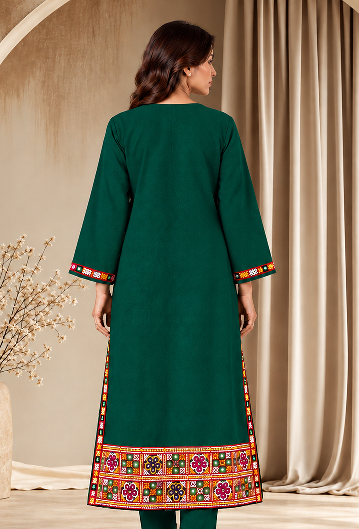 Deep Teal Green Cashmilon Phiran with Kutch Embroidered Lace サイズ フリーサイズ