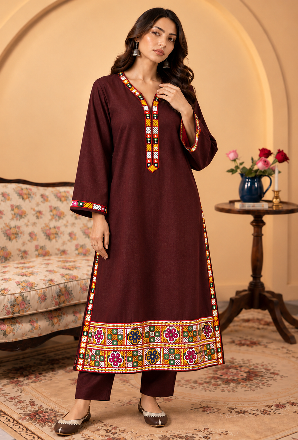 Set of 2: Wine Brown Cashmilon Phiran & Pant Set with Kutch Embroidered Lace パンツ M